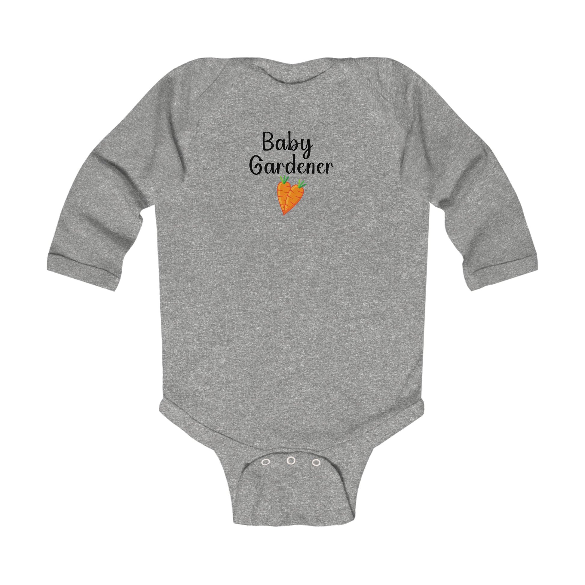 Gray baby onesie with 'Baby Gardener' text and carrot graphic on a white background
