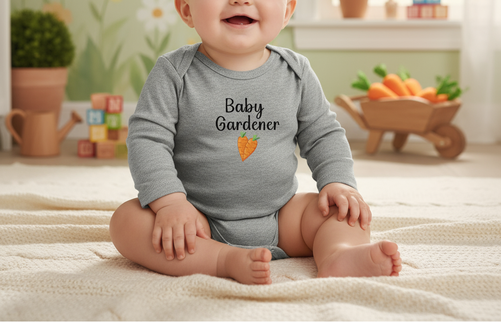 Baby wearing a 'Baby Gardener' onesie sitting on a blanket with a garden-themed background.