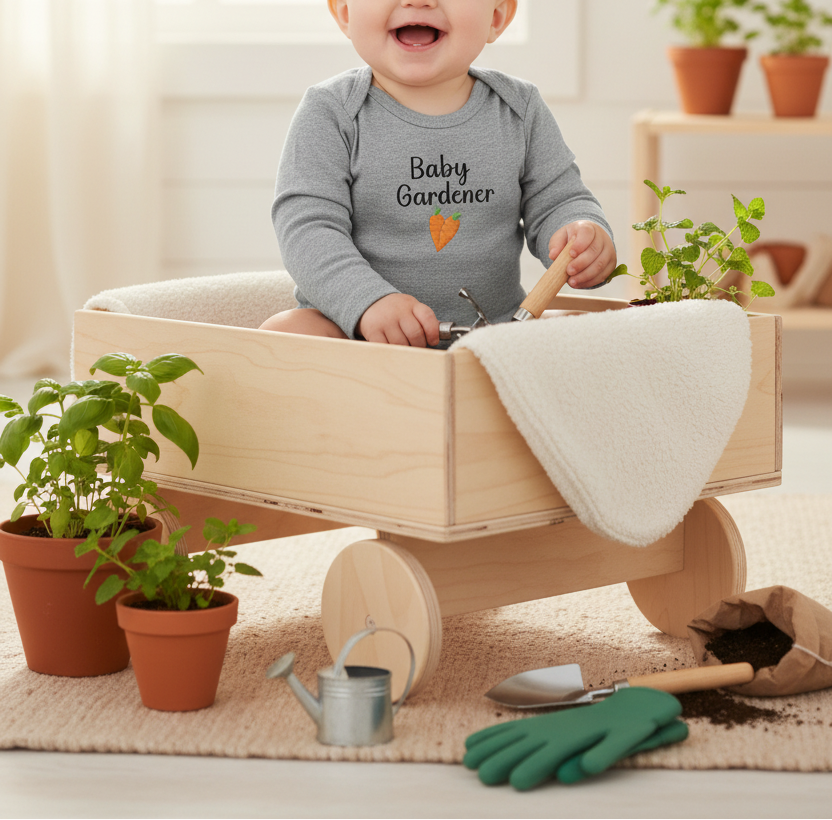 Child in a 'Baby Gardener' outfit playing with gardening tools and plants indoors.
