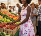 Woman in a floral dress at an outdoor market with fresh produce.