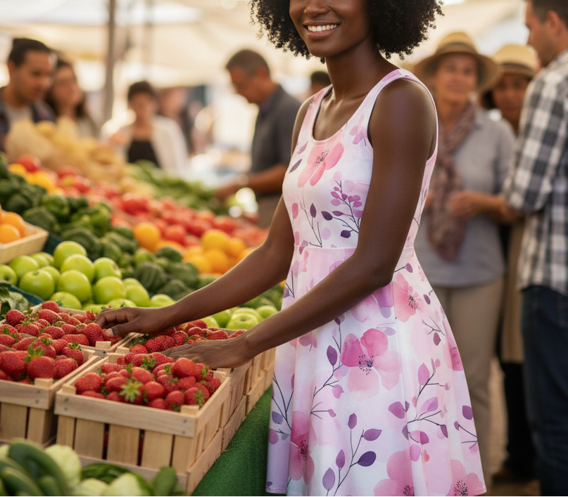 Woman in a floral dress at an outdoor market with fresh produce.