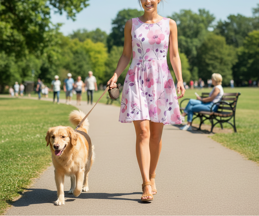 Woman in a floral dress walking a dog on a path in a park with people in the background.