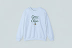 Light blue sweatshirt with 'Grow a Little Cheer' text on a white background
