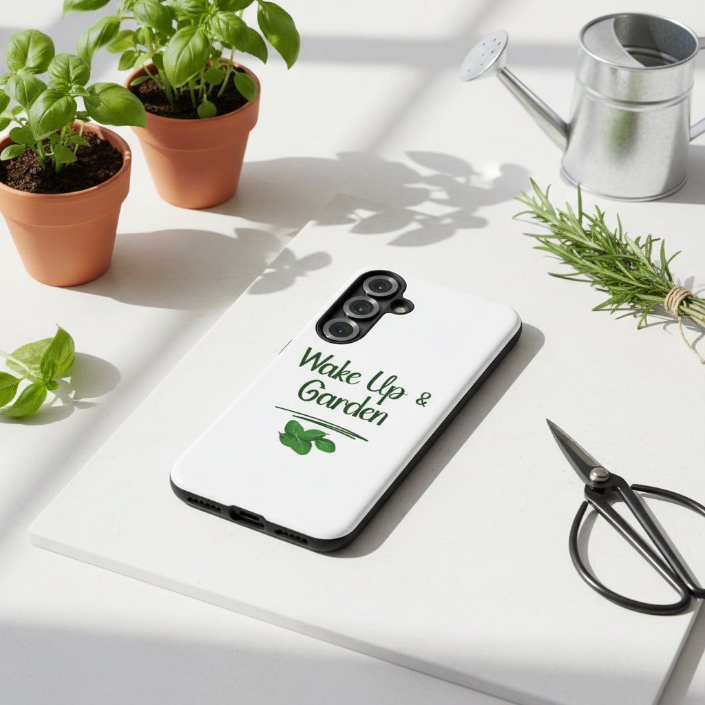 White phone case with 'Wake Up & Garden' text and leaf design on a white background