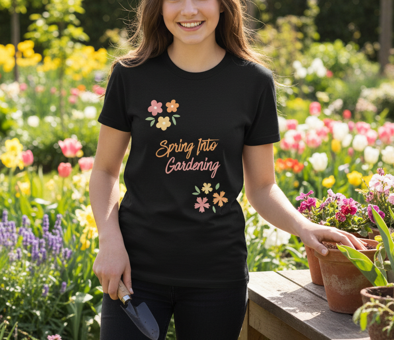 Person wearing a black t-shirt with 'Spring Into Gardening' text and floral designs, standing in a garden.