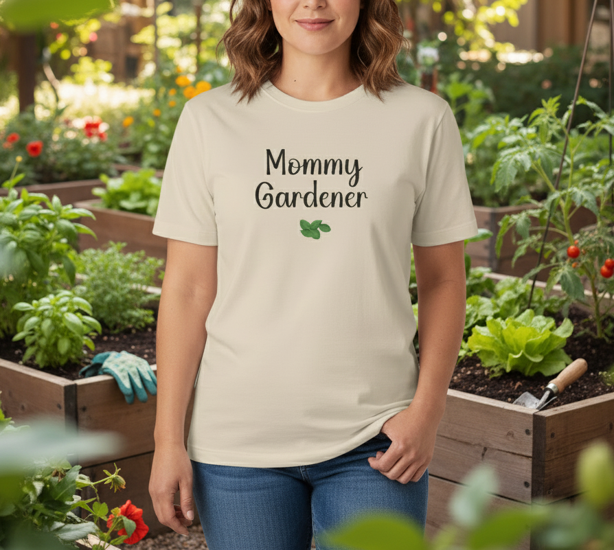 Person wearing a 'Mommy Gardener' t-shirt in a garden setting
