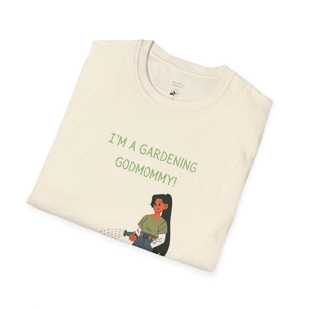 Folded t-shirt with 'I'm a gardening godmommy!' text and graphic on a white background