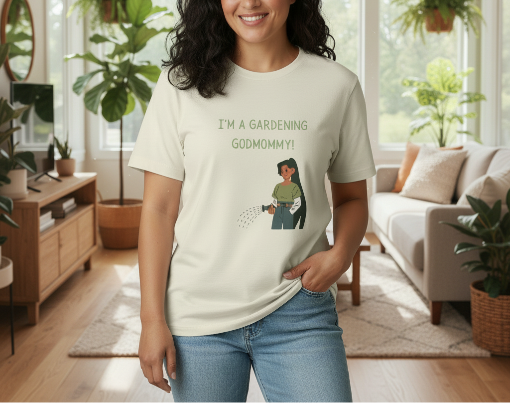 Person wearing a t-shirt with a graphic and text in a living room.