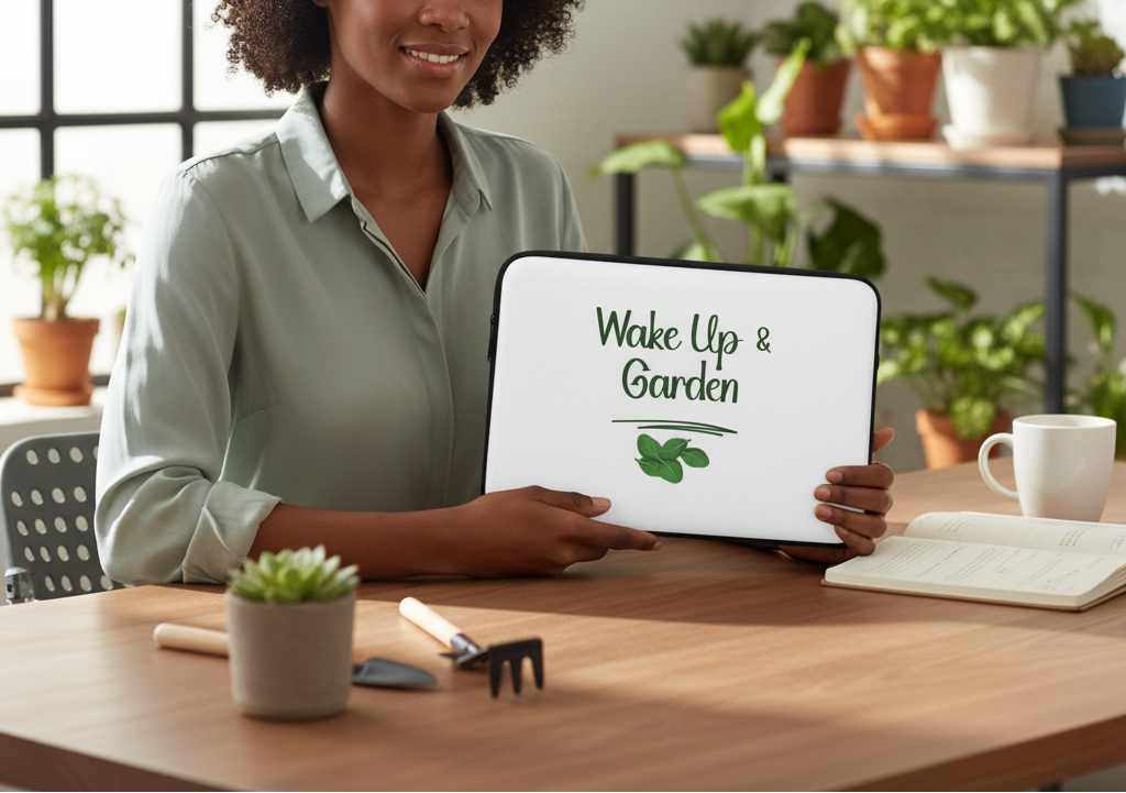 Person holding a tablet with 'Wake Up & Garden' text in a home office setting