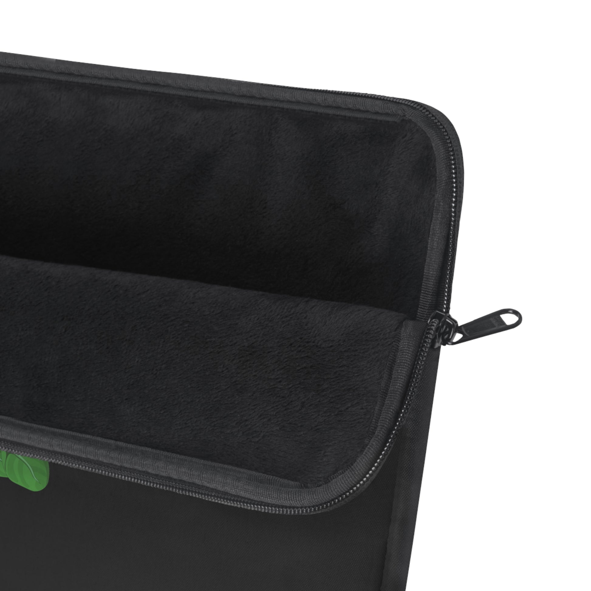 Black zippered pouch with a green tag on a white background