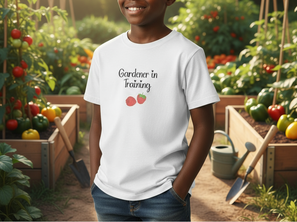 Person wearing a 'Gardener in Training' t-shirt in a garden setting