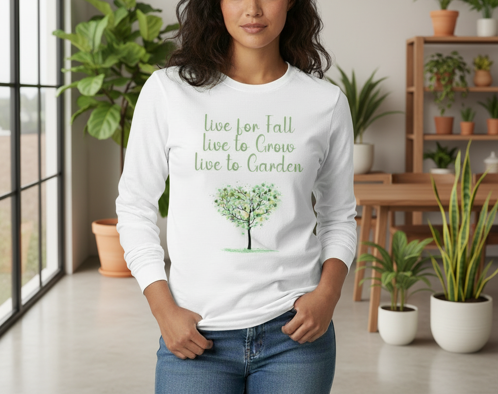 Person wearing a white long-sleeve shirt with a tree graphic and text in a room with plants.