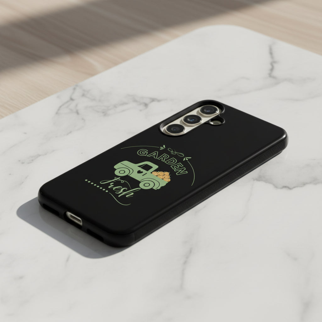 Black phone case with a green truck and 'Garden Fresh' text on a white background