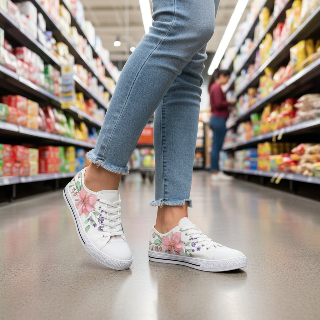 Person wearing floral sneakers and blue jeans in a grocery store aisle.