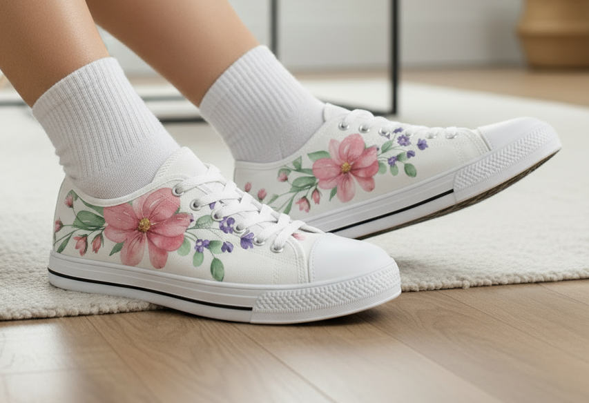 White sneakers with floral designs worn indoors on a wooden floor.
