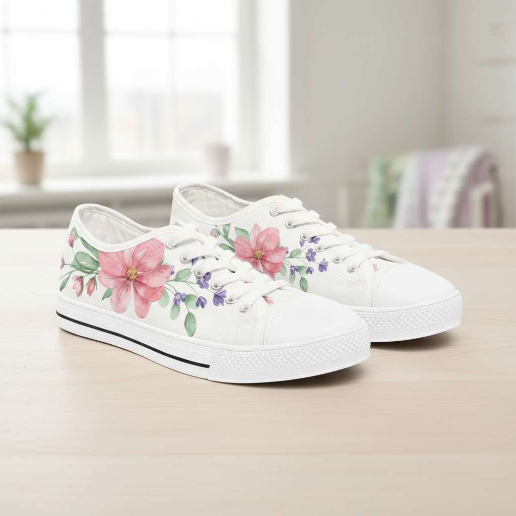 White sneakers with floral designs on a light surface
