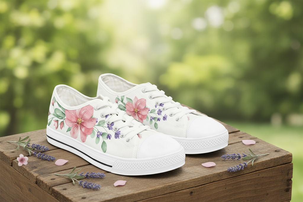 White sneakers with floral designs on a wooden surface with a blurred green background