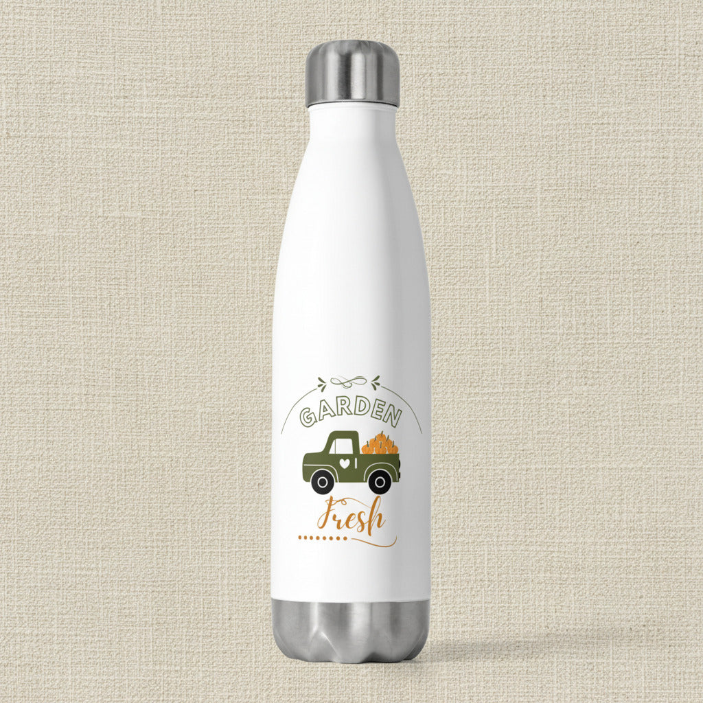 White insulated bottle with 'Garden Fresh' design featuring a truck and pumpkins on a white background