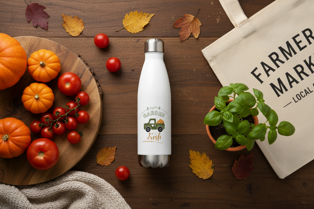 White insulated bottle with green design on a wooden surface with pumpkins, tomatoes, and a plant.