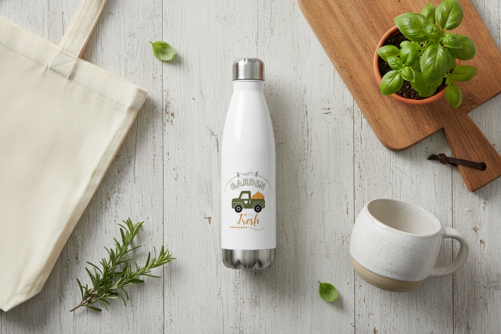 White water bottle with green design on a wooden surface with a plant and mug.