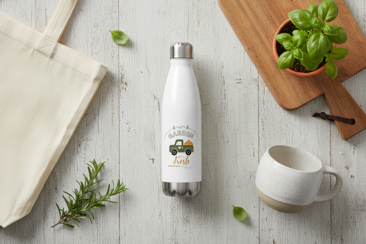 White water bottle with green design on a wooden surface with a plant and mug.