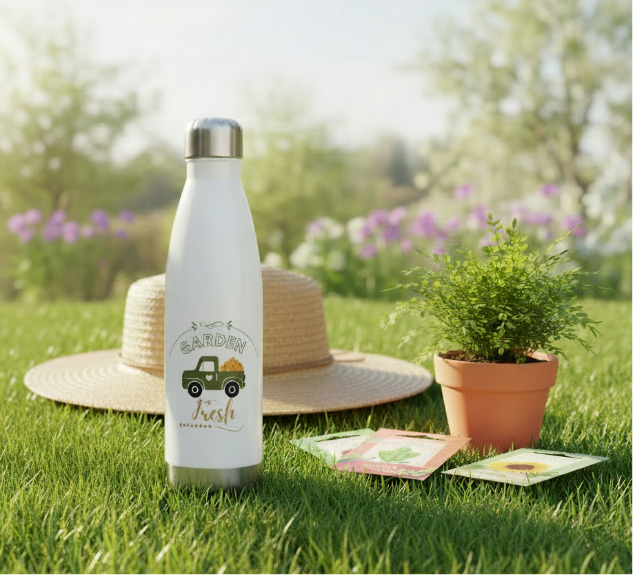 White water bottle with garden-themed design on grass with flowers, hat, and plants.