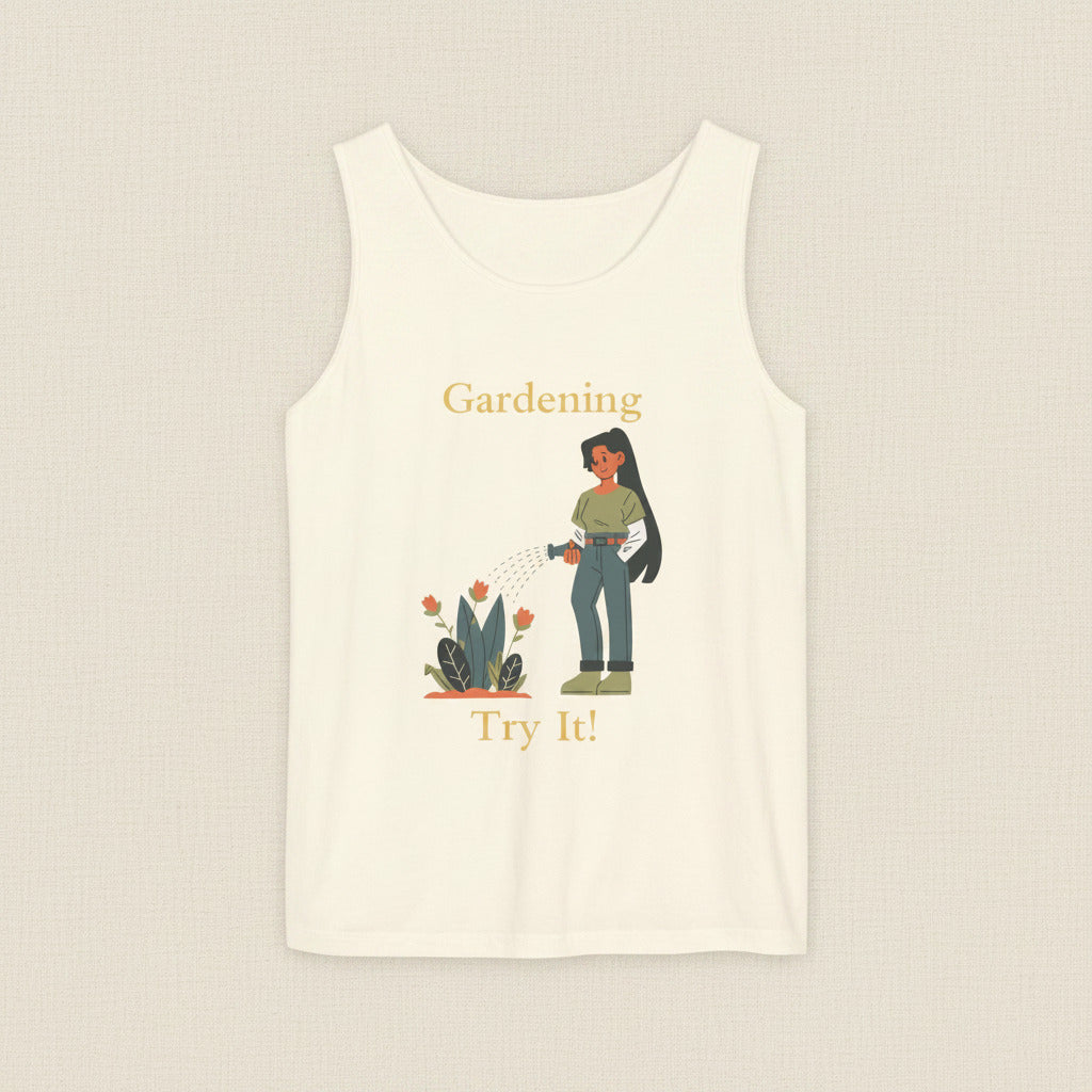 Beige tank top with a graphic of a person gardening and text on a white background