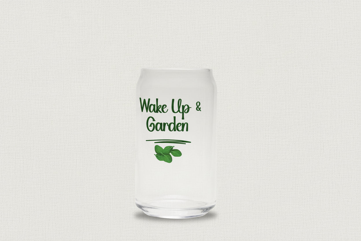 Clear glass tumbler with 'Wake Up & Garden' text and leaf design on a white background