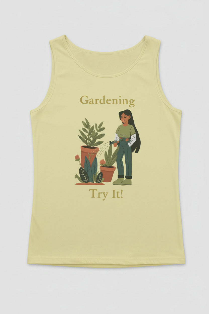 Yellow tank top with a graphic of a person gardening and text on a white background
