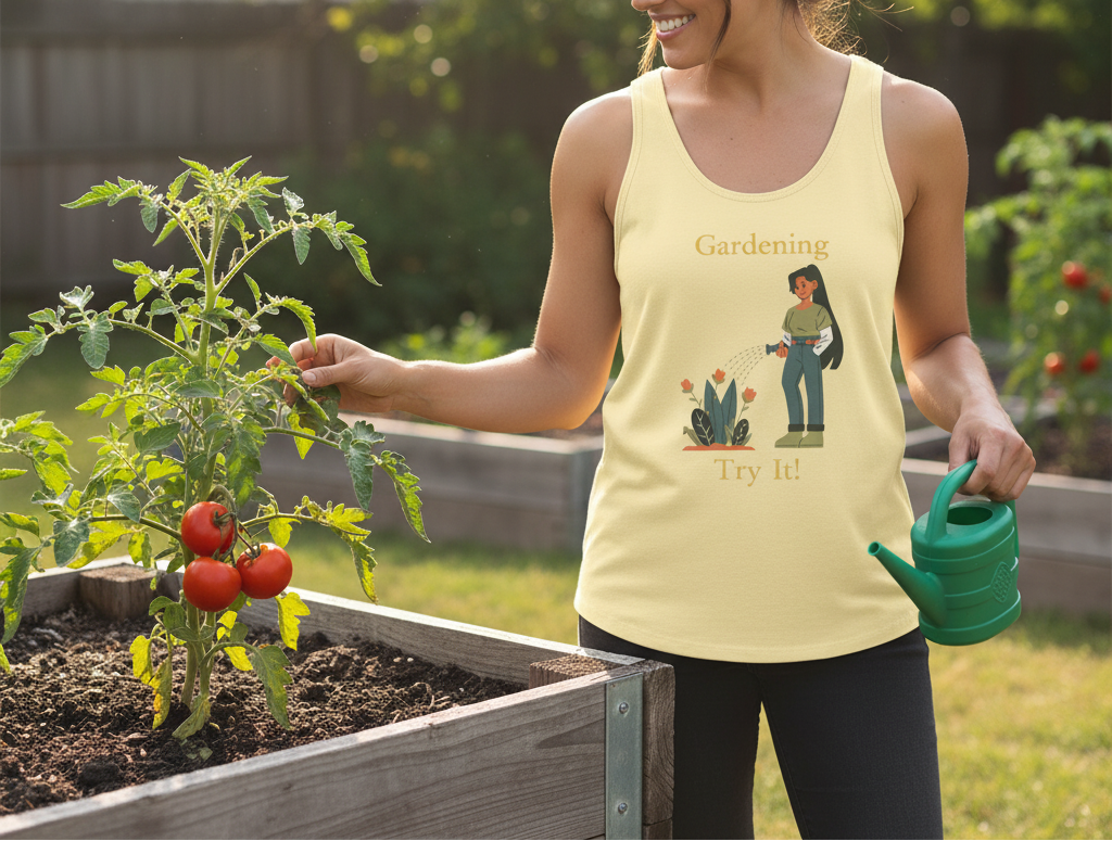 Yellow tank top with a graphic of a person gardening and text on a white background