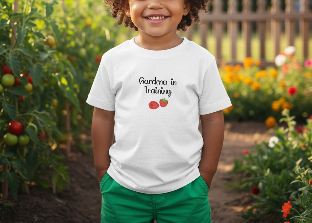 Child wearing a 'Gardener in Training' t-shirt in a garden setting