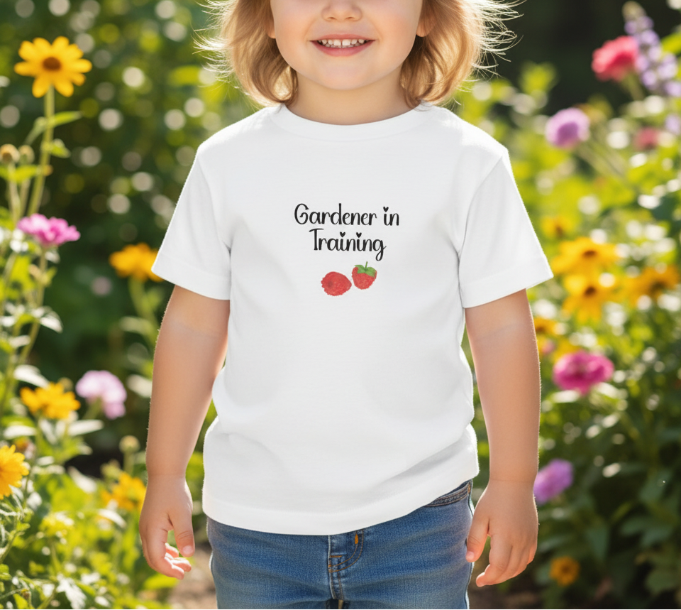 Child wearing a 'Gardener in Training' t-shirt in a garden setting