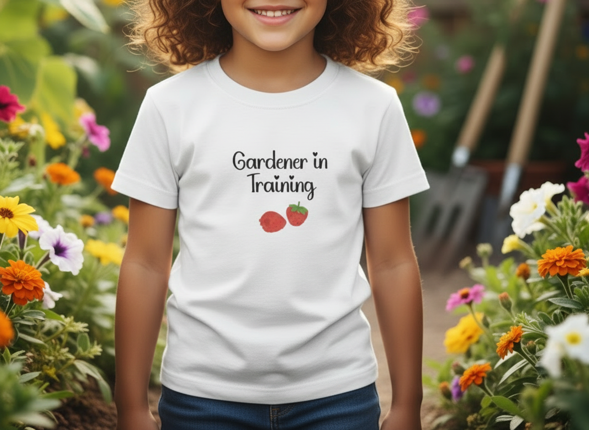 Child wearing a 'Gardener in Training' t-shirt in a garden setting