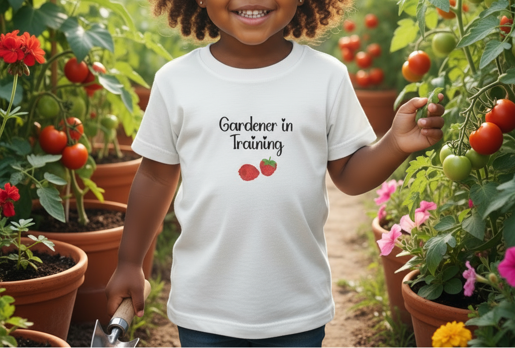 Child wearing a 'Gardener in Training' shirt in a garden with plants and tomatoes.