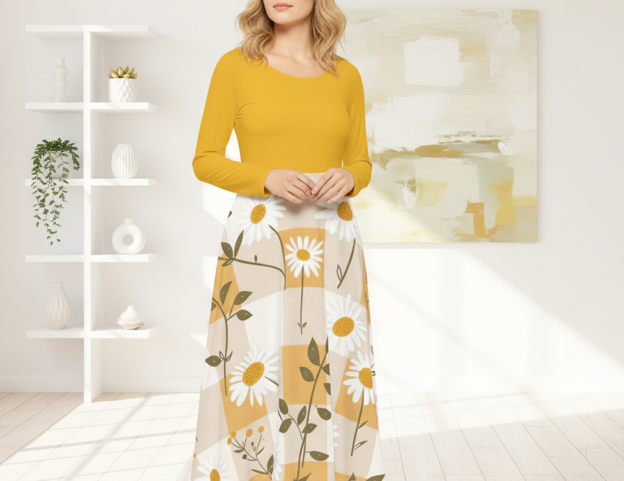 Woman wearing a yellow top and floral skirt in a bright room with shelves and artwork.