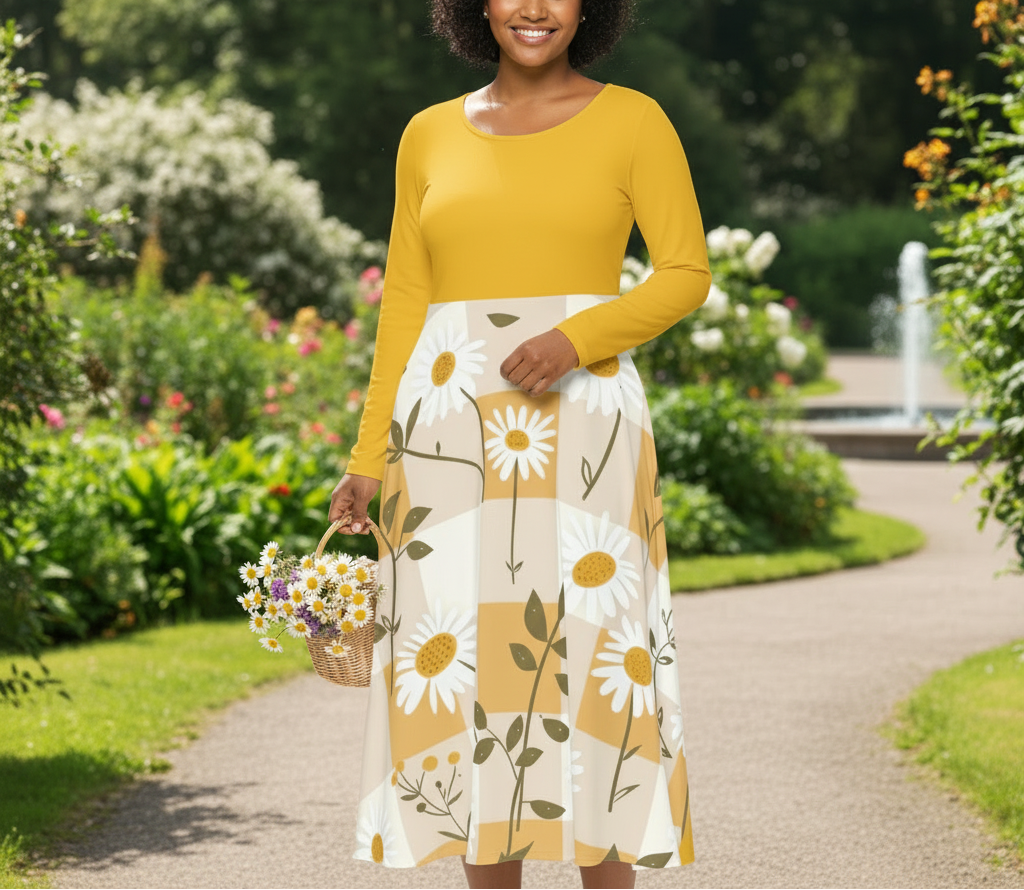 Woman in a yellow top and floral skirt holding flowers in a garden