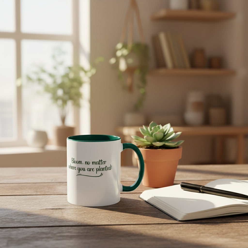 White mug with green interior on a wooden table with a plant and notebook in a bright room.