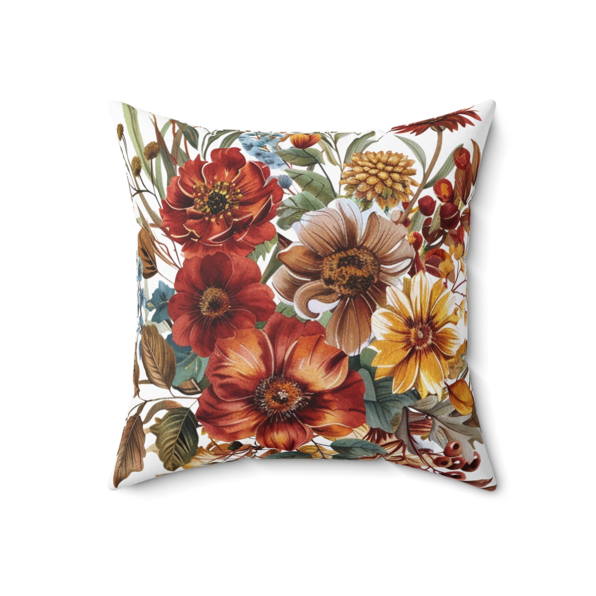 Floral-patterned pillow with autumnal colors on a white background
