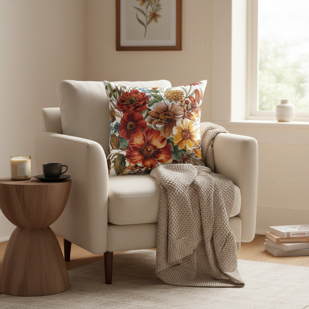 Beige armchair with floral pillow and blanket in a cozy living room setting.