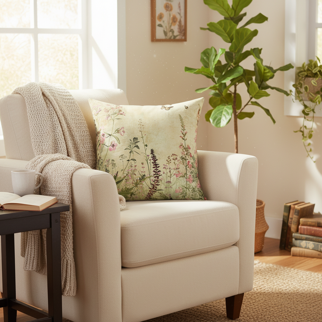 Beige armchair with floral pillow, blanket, and cup in a cozy living room.