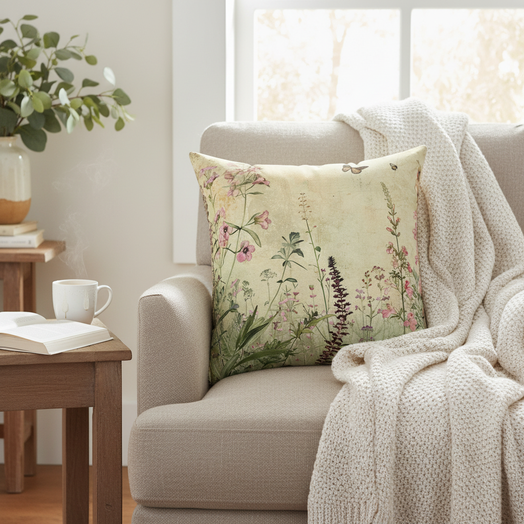 Floral-patterned pillow on a beige sofa with a side table and plant in the background