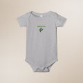 Gray baby onesie with 'Baby Bay Leaf' text and leaf design on a beige background