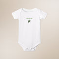 White baby onesie with 'Baby Bay Leaf' text and leaf design on a beige background
