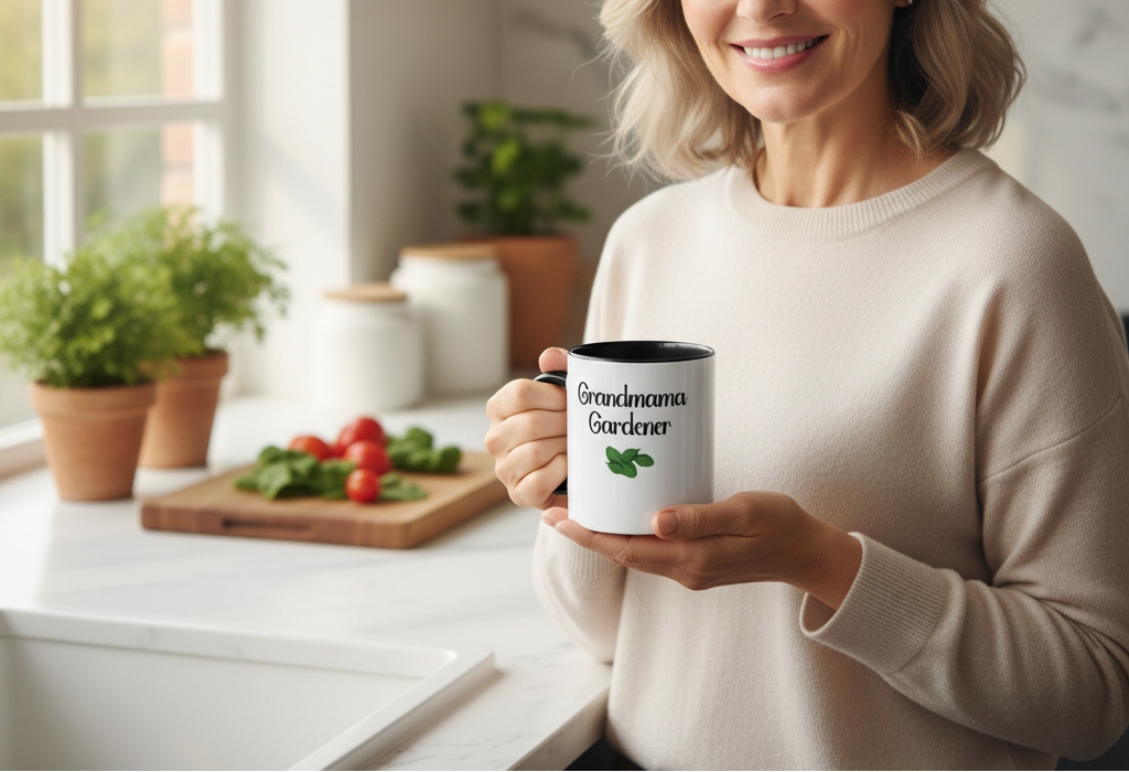 Woman holding a mug with 'Grandma Gardener' text in a kitchen setting