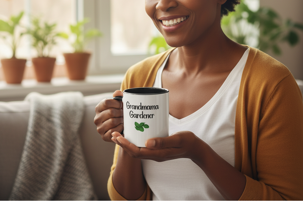 Woman holding a mug with 'Grandma Gardener' text in a kitchen setting
