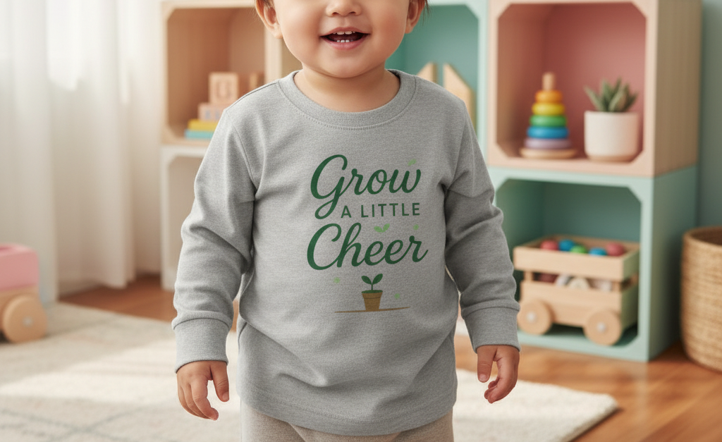 Child wearing a gray sweatshirt with 'Grow a Little Cheer' text in a room with toys and shelves.