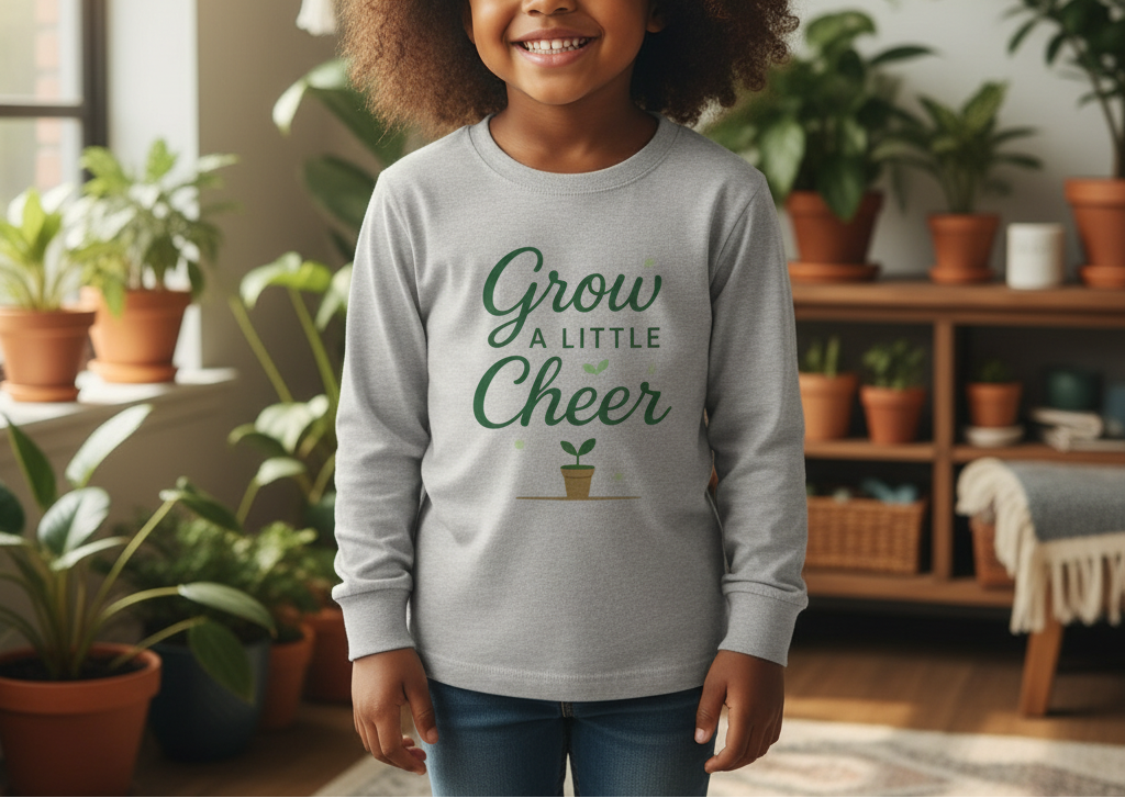 Child wearing a gray sweatshirt with 'Grow a Little Bit of Cheer' text in a home setting with plants.