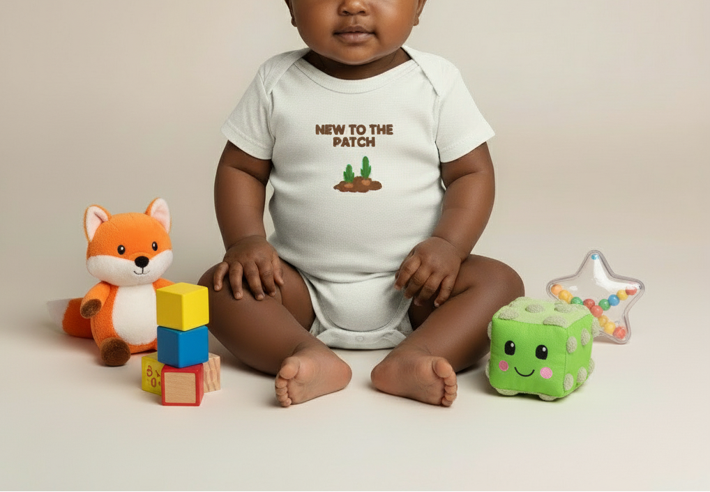 Baby wearing a onesie with text and graphics, surrounded by toys on a beige background
