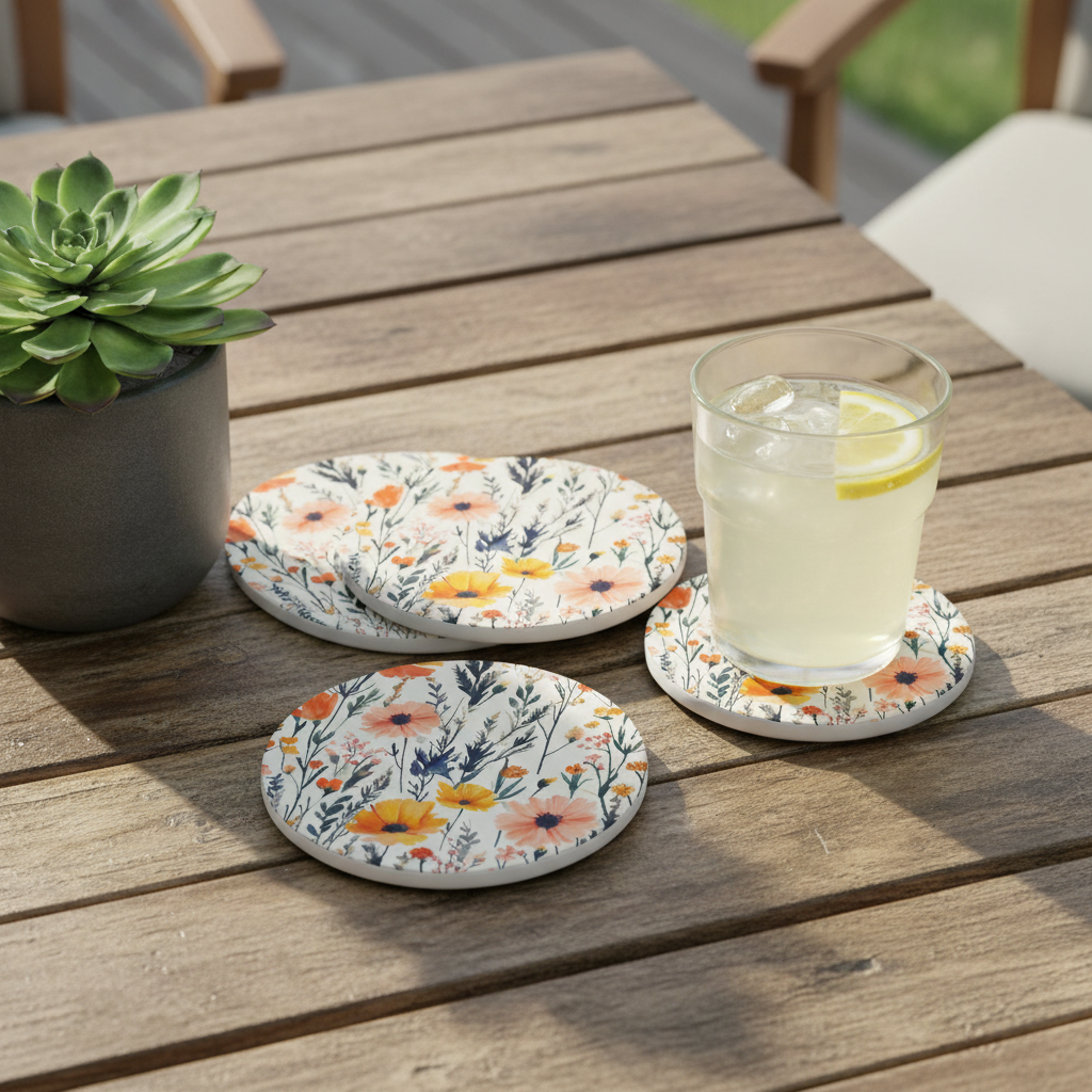 Floral coasters on a wooden table with a glass of lemonade and a potted plant.