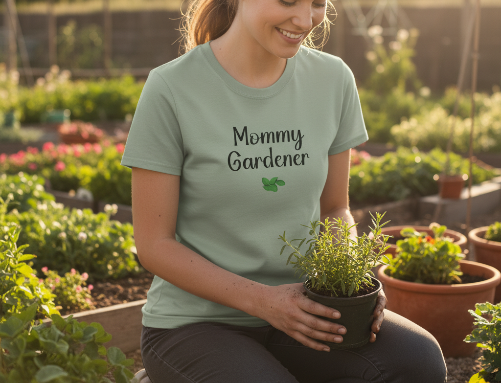 Woman wearing a 'Mommy Gardener' shirt holding a potted plant in a garden setting.